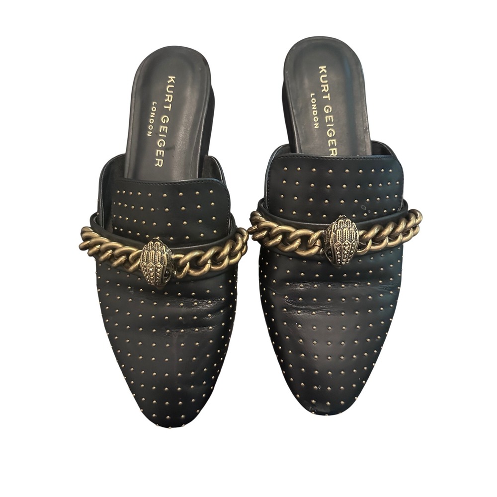 Kurt Geiger Black Leather Studded Chain-Trim Mules